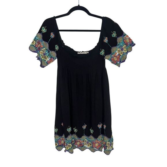 Solitaire Women’s Small off the Shoulder Dress Floral Embroidered Sleeves Black - Picture 1 of 6